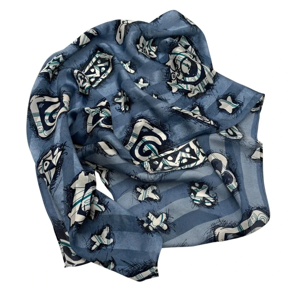 St John Collection Knit Cardigan Womens M Blue Abstract Silk‎ Lining & Scarf VTG